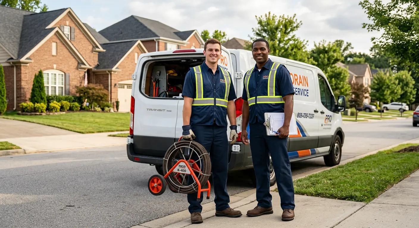 Sewer and drain service team with equipment ready for work in Austin