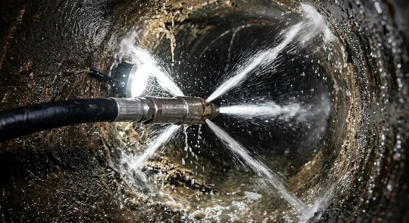High-pressure hydro jetting nozzle cleaning sewer pipe for Trenchless Sewer Repair in Austin