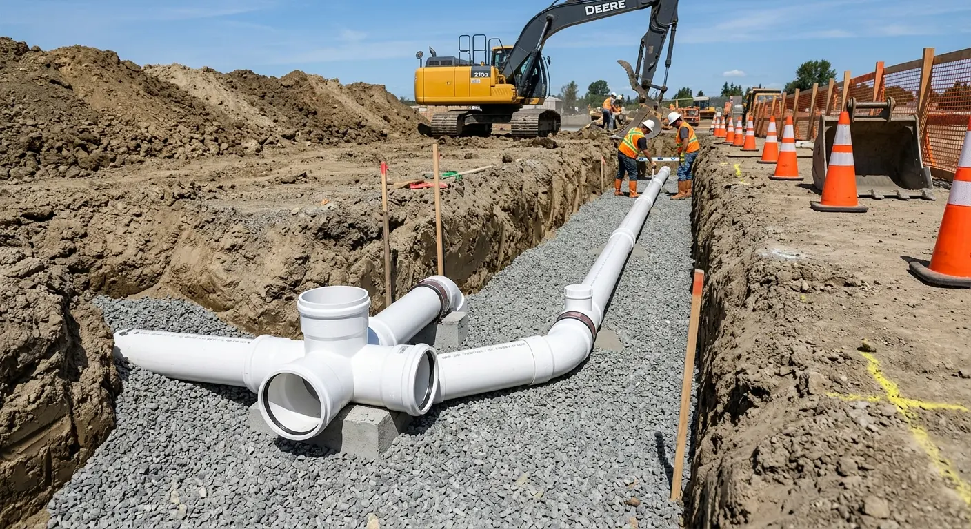 New PVC sewer pipe installation in open trench for Sewer Backup in Austin