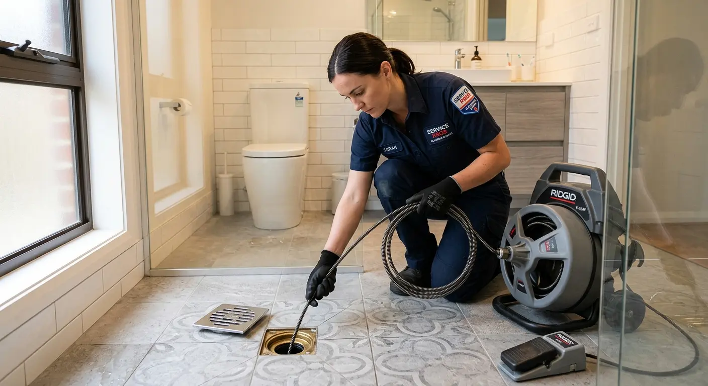 Technician clearing a bathroom floor drain for Drain Cleaning in Austin